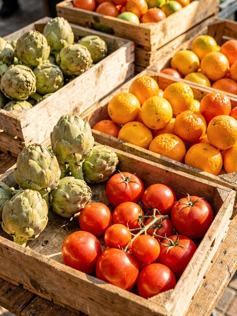 Puesto de mercado tradicional con productos frescos